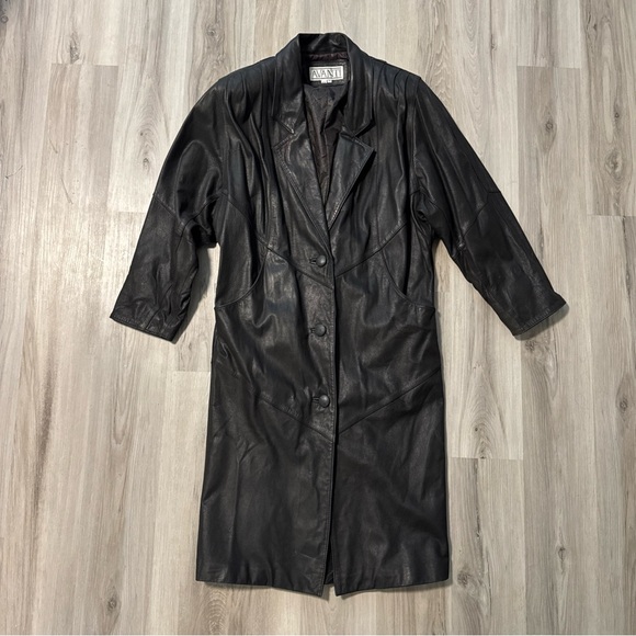 Vtg Avanti Leather Long Black 46” Trench Coat Women’s Petite Small - Picture 1 of 7